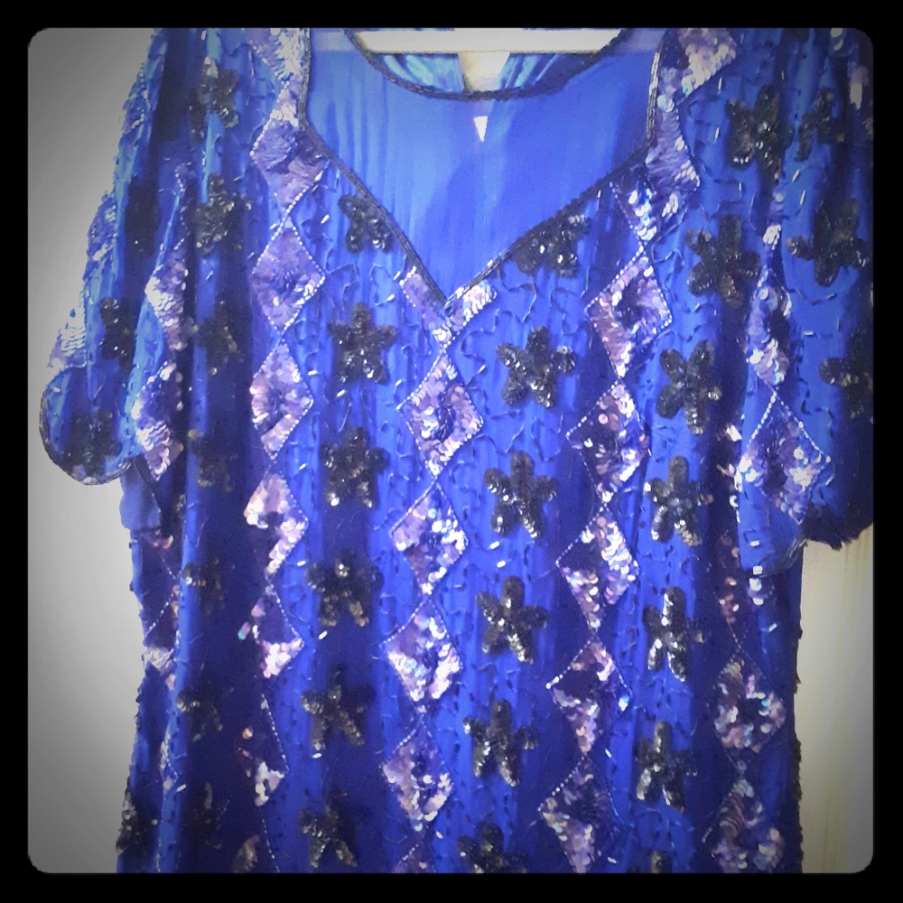Vintage royal blue beaded blouse
